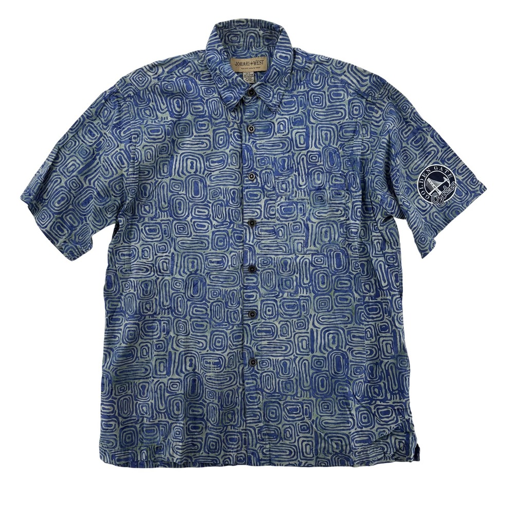 VTG Johari West‎ Shirt Mens Large Blue Green Golden Gate Guzzlers Batik Cotton